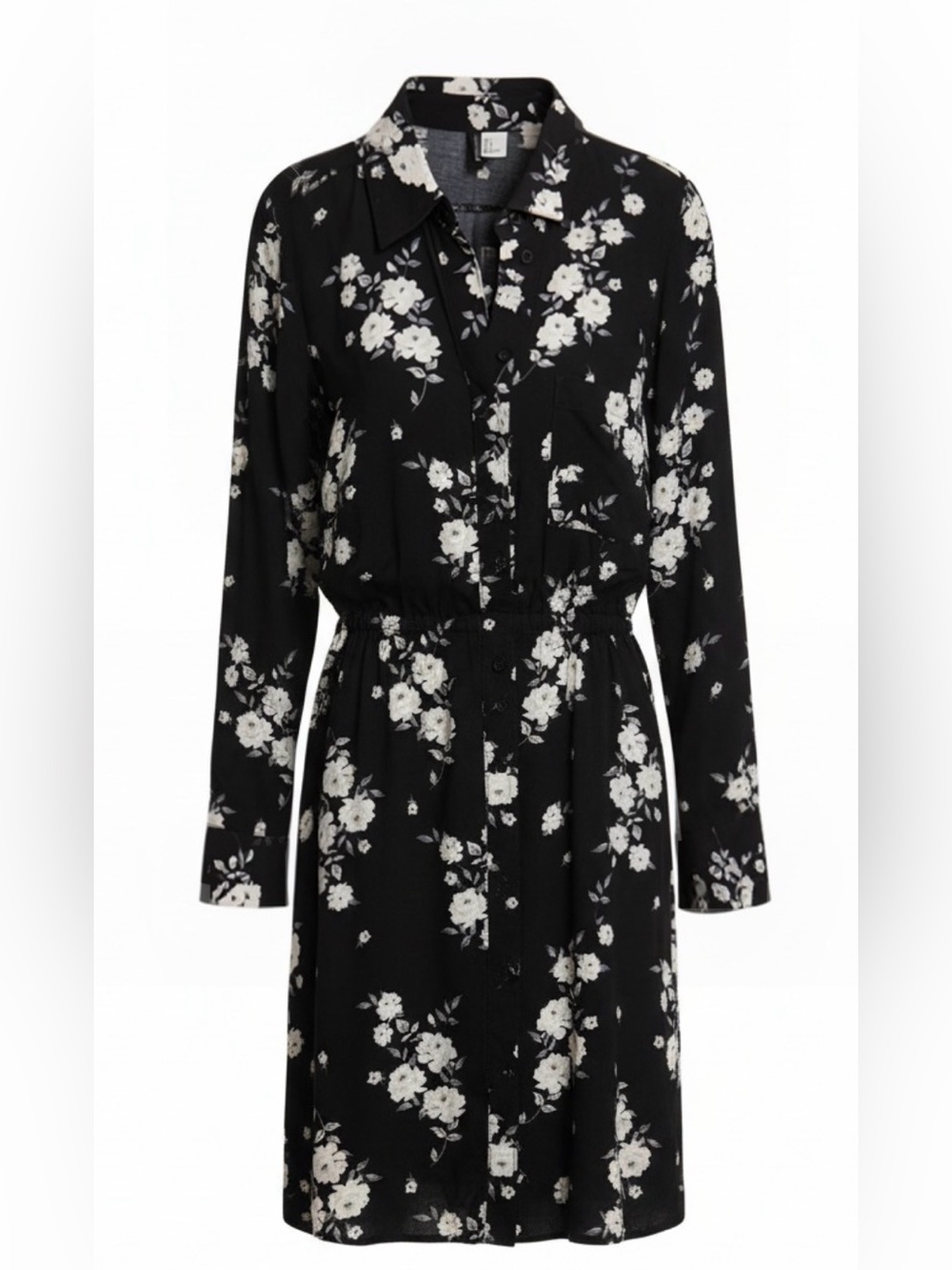 H&M Divided Floral Black & White Long Sleeve Shirt Dress